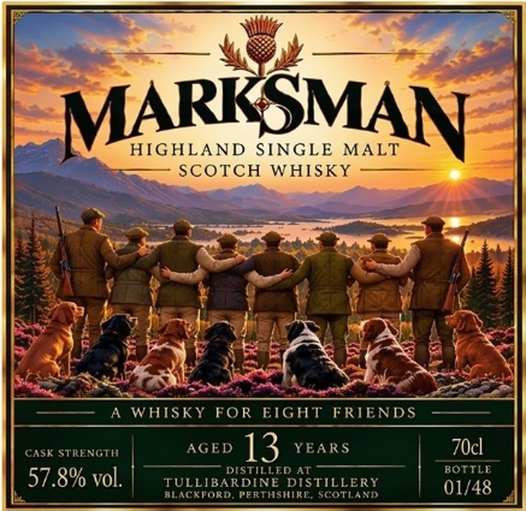 Marksman Whisky Front Label - 8 Friends with Dogs at Sunset